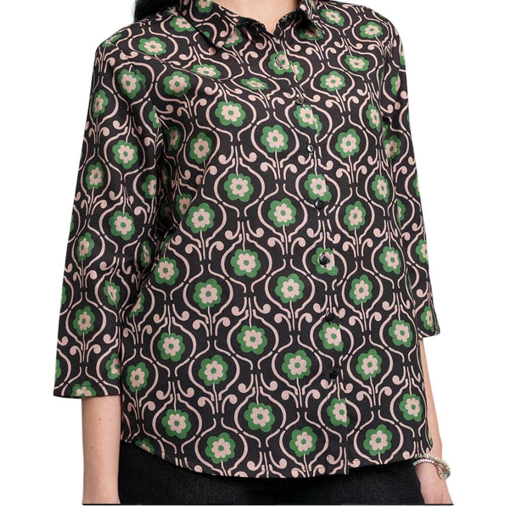 Zara Sheer Black Green Floral Print Shirt Size M